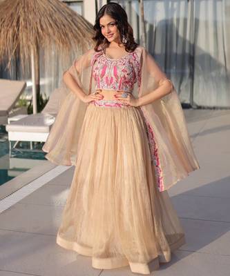 Women    s Sindur Silk Embroidered Lehenga Choli with Shrug     Fully Stitched Designer Party Wear Lehenga Set 1
