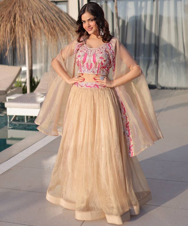 Women’s Sindur Silk Embroidered Lehenga Choli with Shrug – Fully Stitched Designer Party Wear Lehenga Set