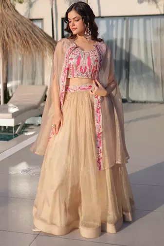 Women        s Sindur Silk Embroidered Lehenga Choli with Shrug          Fully Stitched Designer Party Wear Lehenga Set