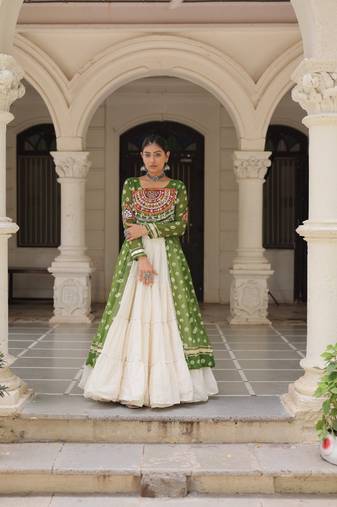 Bandhani Print Faux Georgette Kurti with Kora Cotton Frill Lehenga Set