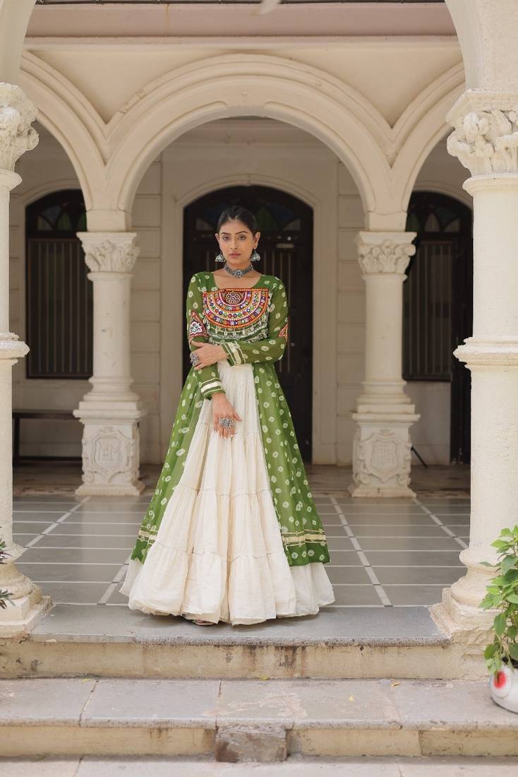 Bandhani Print Faux Georgette Kurti with Kora Cotton Frill Lehenga Set