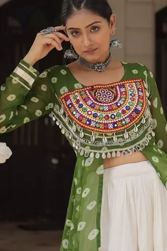 Bandhani Print Faux Georgette Kurti with Kora Cotton Frill Lehenga Set