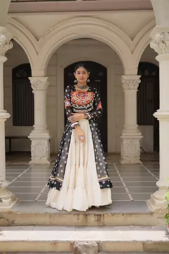 Bandhani Print Faux Georgette Kurti with Kora Cotton Frill Lehenga Set