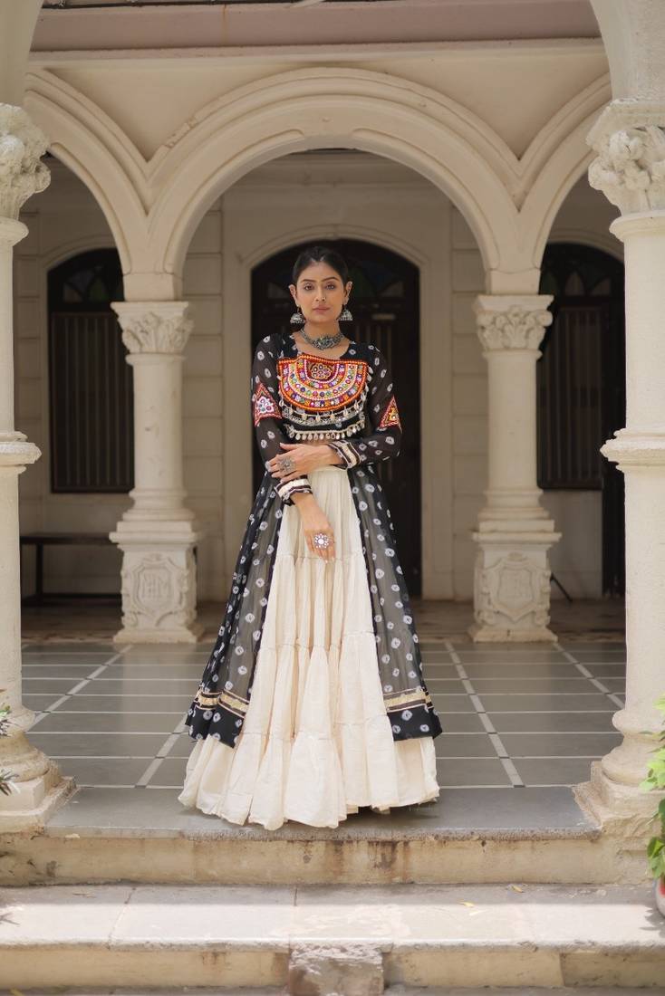 Bandhani Print Faux Georgette Kurti with Kora Cotton Frill Lehenga Set