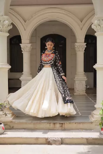 Bandhani Print Faux Georgette Kurti with Kora Cotton Frill Lehenga Set