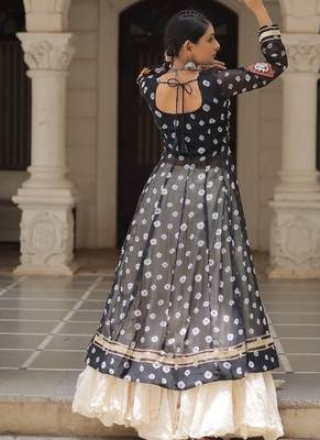 Bandhani Print Faux Georgette Kurti with Kora Cotton Frill Lehenga Set 3