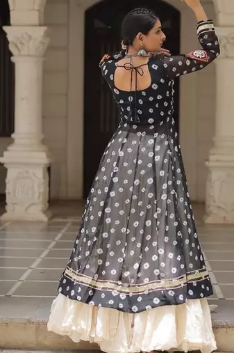 Bandhani Print Faux Georgette Kurti with Kora Cotton Frill Lehenga Set
