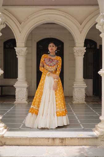 Bandhani Print Faux Georgette Kurti with Kora Cotton Frill Lehenga Set