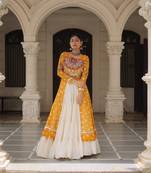 Bandhani Print Faux Georgette Kurti with Kora Cotton Frill Lehenga Set