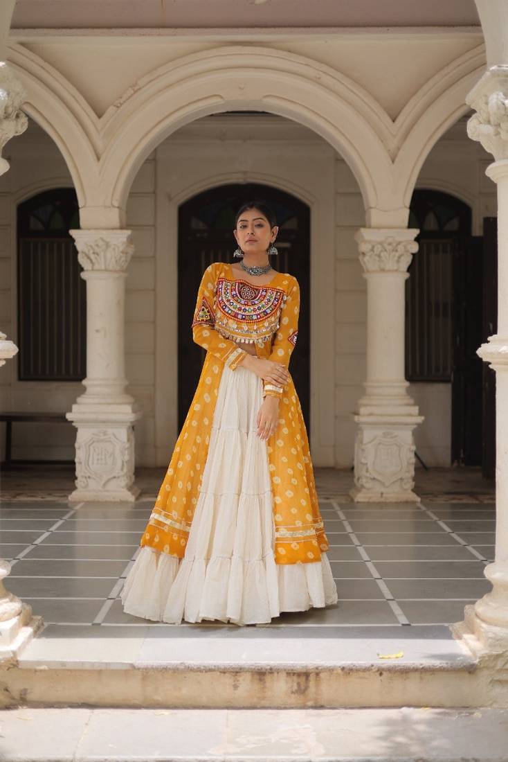 Bandhani Print Faux Georgette Kurti with Kora Cotton Frill Lehenga Set