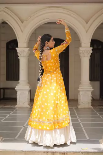 Bandhani Print Faux Georgette Kurti with Kora Cotton Frill Lehenga Set