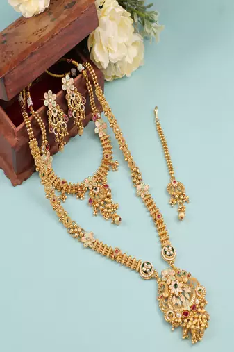  Gold plated heavy long temple jewellery set