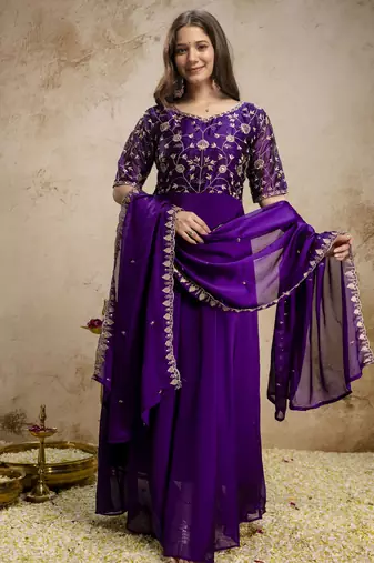 Elegant chinon embroidered anarkali dress with dupatta