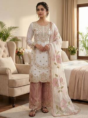 Pink pure gmy silk embroidered palazzo suit set with organza dupatta 1
