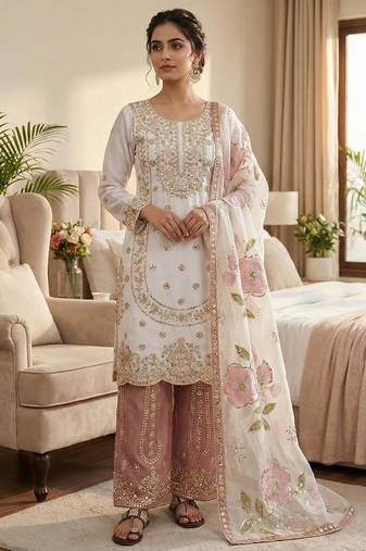 Pink pure gmy silk embroidered palazzo suit set with organza dupatta