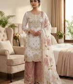 Pink colour pure gmy silk embroidered palazzo suit set with organza dupatta