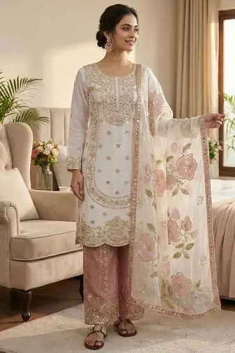 Pink pure gmy silk embroidered palazzo suit set with organza dupatta
