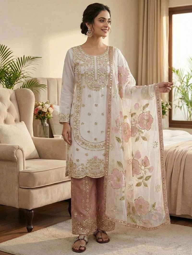 Pink colour pure gmy silk embroidered palazzo suit set with organza dupatta
