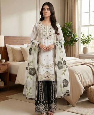 Black pure gmy silk embroidered palazzo suit set with organza dupatta 1