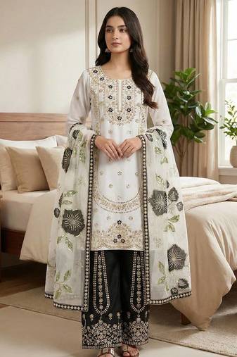 Black pure gmy silk embroidered palazzo suit set with organza dupatta