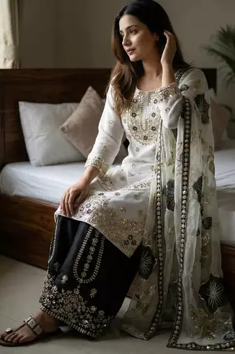 Black pure gmy silk embroidered palazzo suit set with organza dupatta