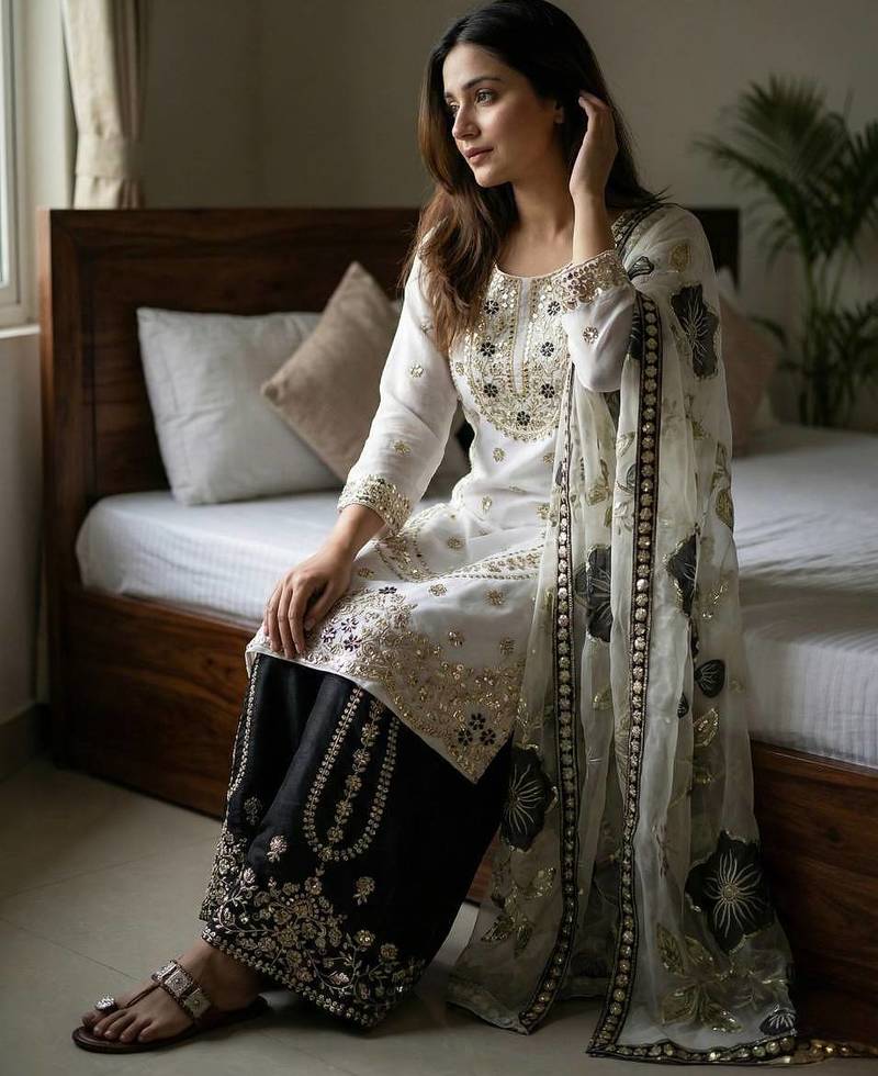 Black colour pure gmy silk embroidered palazzo suit set with organza dupatta