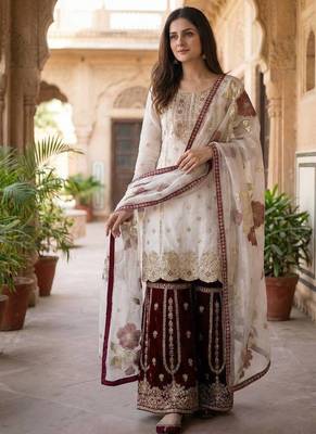 Wine pure gmy silk embroidered palazzo suit set with organza dupatta 1