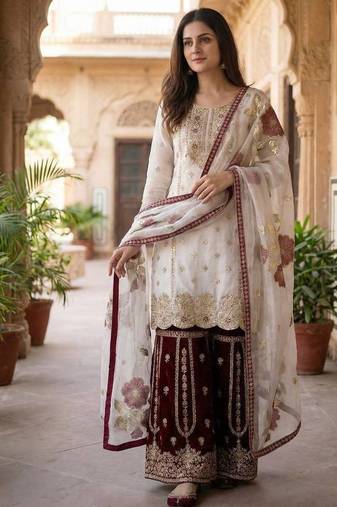 Wine pure gmy silk embroidered palazzo suit set with organza dupatta