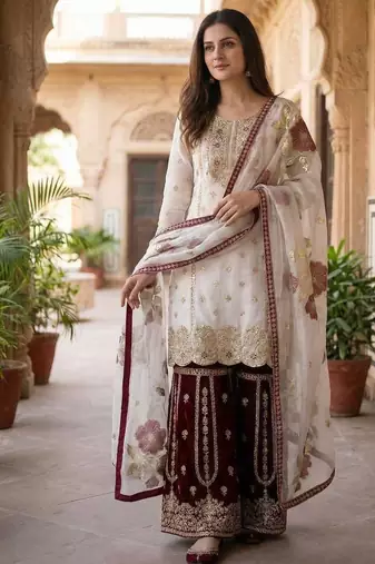 Wine pure gmy silk embroidered palazzo suit set with organza dupatta