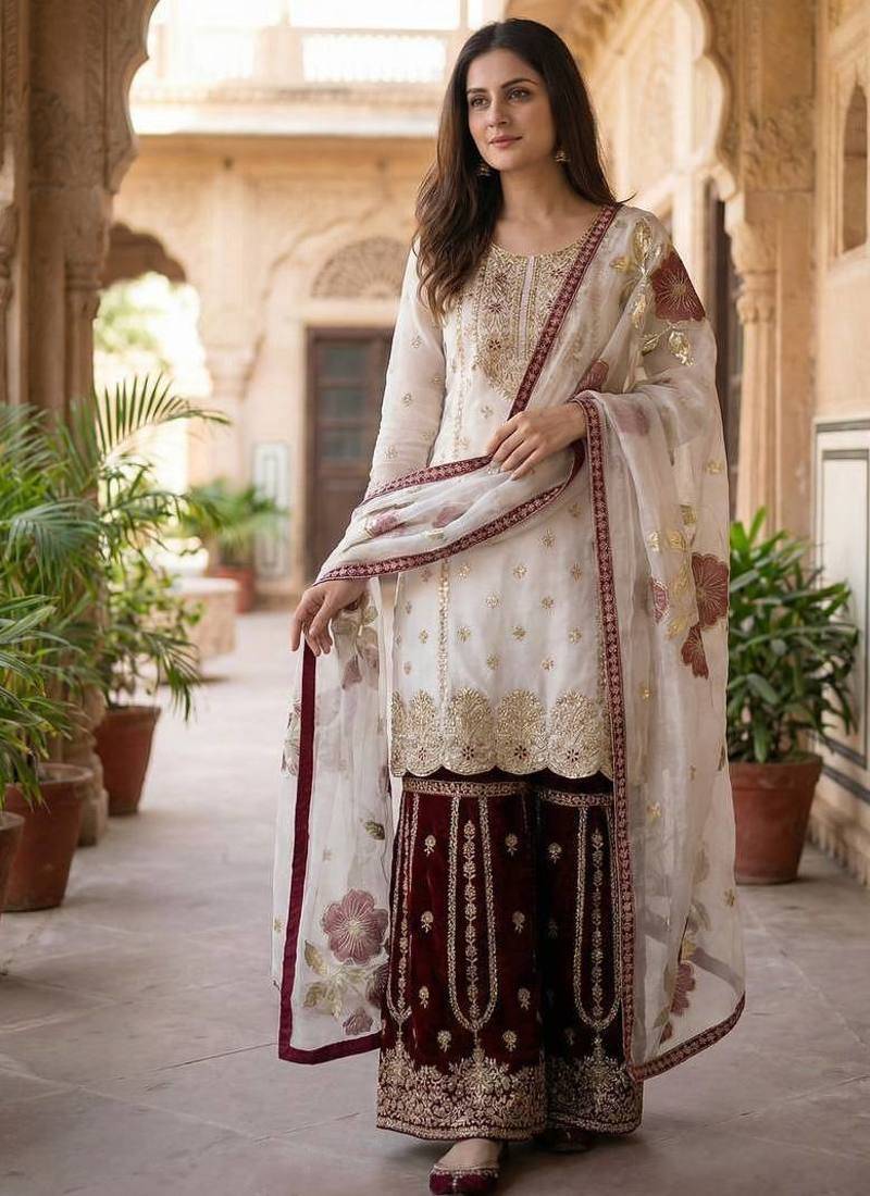 Wine colour pure gmy silk embroidered palazzo suit set with organza dupatta