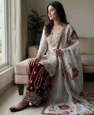 Wine pure gmy silk embroidered palazzo suit set with organza dupatta 2