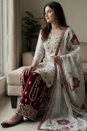 Wine pure gmy silk embroidered palazzo suit set with organza dupatta