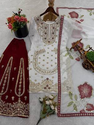 Wine pure gmy silk embroidered palazzo suit set with organza dupatta 3