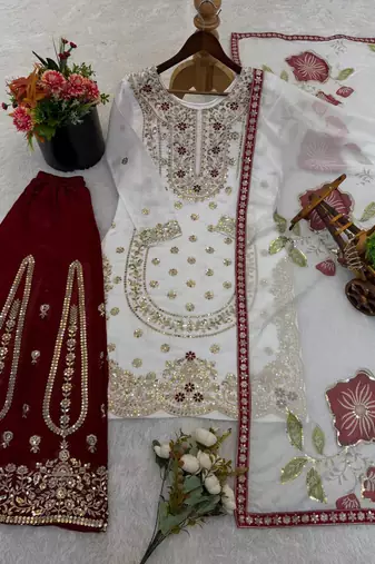 Wine pure gmy silk embroidered palazzo suit set with organza dupatta