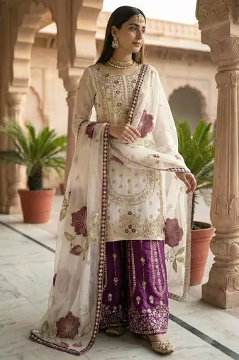 Purple pure gmy silk embroidered palazzo suit set with organza dupatta