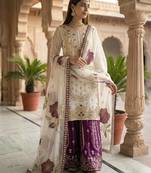 Purple colour pure gmy silk embroidered palazzo suit set with organza dupatta