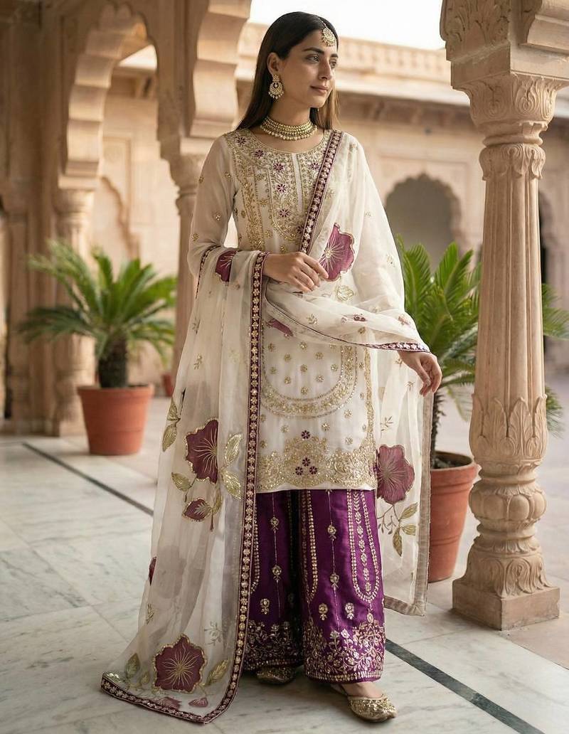 Purple colour pure gmy silk embroidered palazzo suit set with organza dupatta