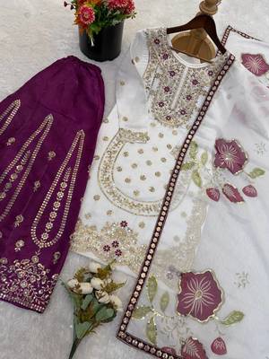 Purple pure gmy silk embroidered palazzo suit set with organza dupatta 3