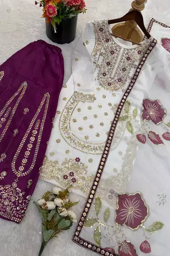 Purple pure gmy silk embroidered palazzo suit set with organza dupatta