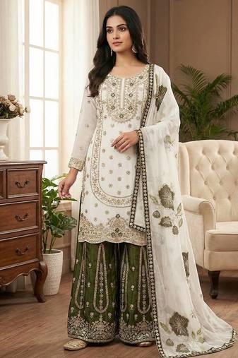 Olive colour pure gmy silk embroidered palazzo suit set with organza dupatta