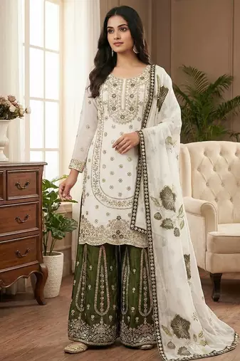 Olive pure gmy silk embroidered palazzo suit set with organza dupatta