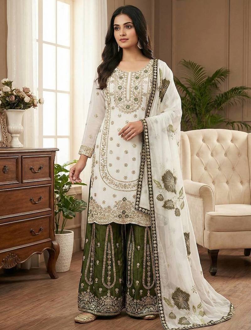 Olive colour pure gmy silk embroidered palazzo suit set with organza dupatta