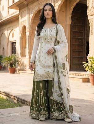 Olive pure gmy silk embroidered palazzo suit set with organza dupatta 2