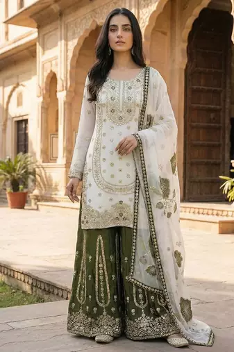 Olive pure gmy silk embroidered palazzo suit set with organza dupatta
