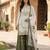 Olive colour pure gmy silk embroidered palazzo suit set with organza dupatta