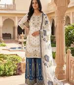 Blue colour pure gmy silk embroidered palazzo suit set with organza dupatta