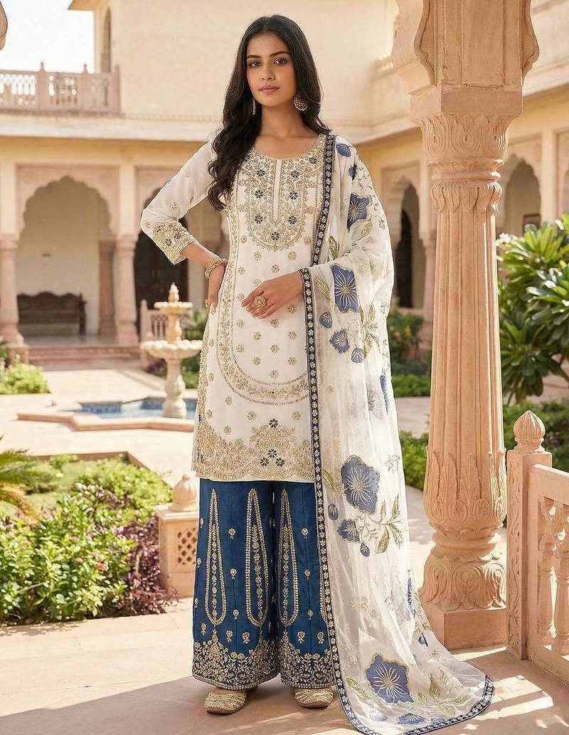 Blue colour pure gmy silk embroidered palazzo suit set with organza dupatta