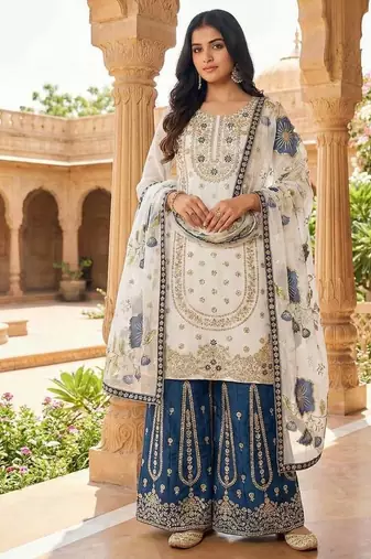 Blue pure gmy silk embroidered palazzo suit set with organza dupatta