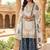 Blue colour pure gmy silk embroidered palazzo suit set with organza dupatta