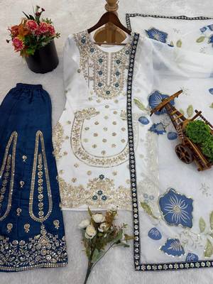 Blue pure gmy silk embroidered palazzo suit set with organza dupatta 3